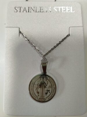 Colgante medalla San Benito grabado en acero inoxidable con cadena