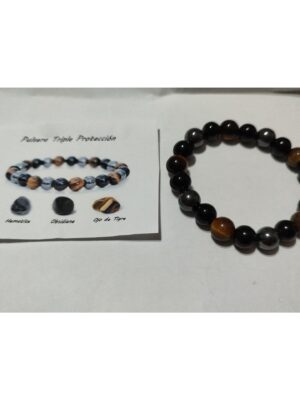Pulsera triple protección de bolas minerales naturales gordas de 10mm